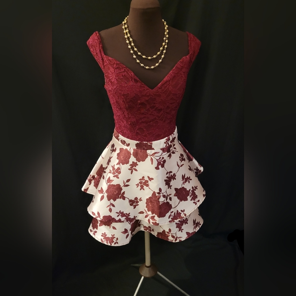 Burgundy Lace Bodice White Floral Tiered Skirt Dress